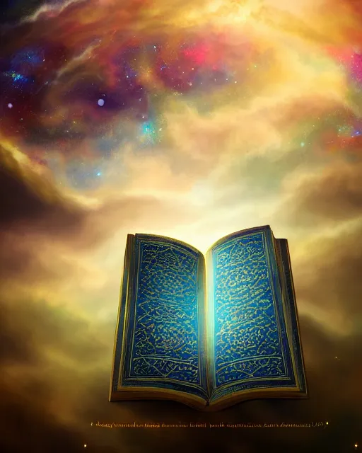 Image similar to the quran descending from the galaxy into clouds highly detailed, gold filigree, romantic storybook fantasy, soft cinematic lighting, award, pastel color palette, featured on artstation, digital art