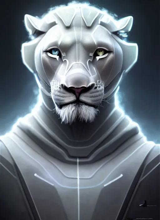 Image similar to an anthromorphic male white lion in a cybersuit, diffuse lighting, fantasy, highly detailed, photorealistic, digital painting, artstation, illustration, concept art, smooth, sharp focus, in the style of tom bagshaw