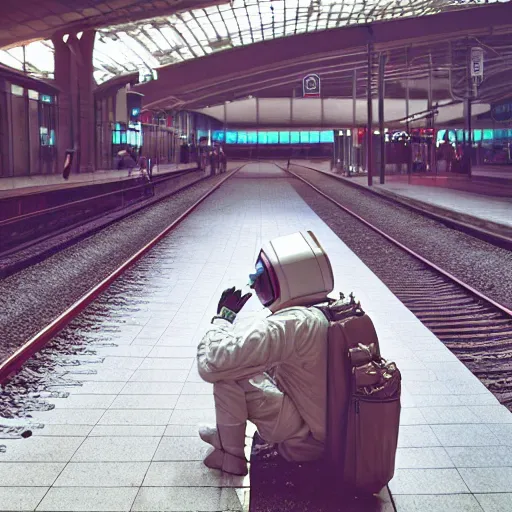 Image similar to a beautiful photo of an astronaut waiting in a train station, 1970', soft light, morning light, photorealistic, realistic, octane, 8k, cinematic shot