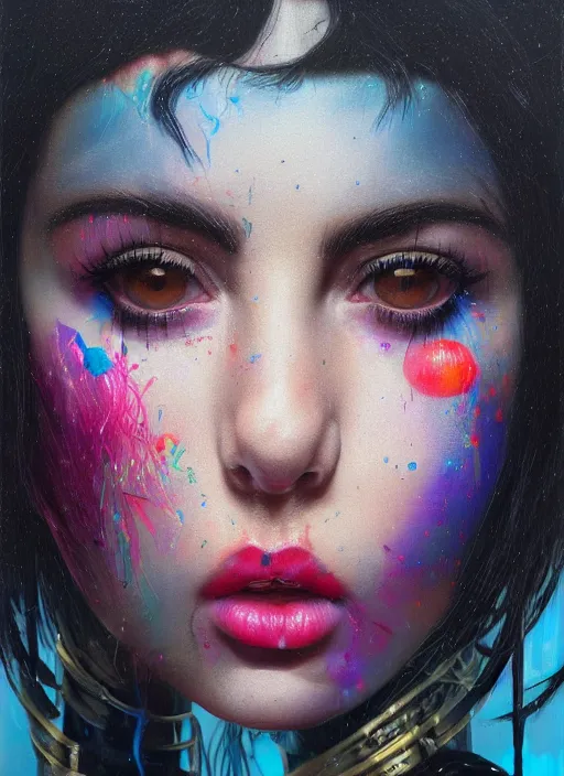 Prompt: beautiful portrait of Lofi cyberpunk Charli XCX, by Tristan Eaton, Stanley Artgerm, Tom Bagshaw, Greg Rutkowski, Carne Griffiths. trending on DeviantArt, face enhance, hyper detailed, trending on Artstation, 8k, masterpiece, graffiti paint, fine detail, full of color, intricate detail, golden ratio illustration