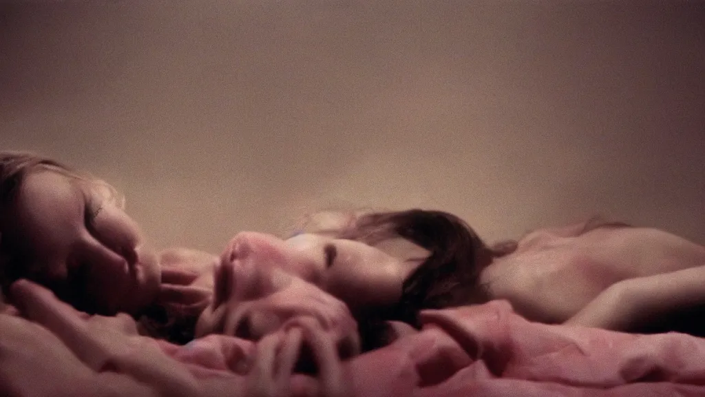 Image similar to movie still of a girl having sleep paralysis, cinematic composition, cinematic light, criterion collection, vivid colors, by david lynch