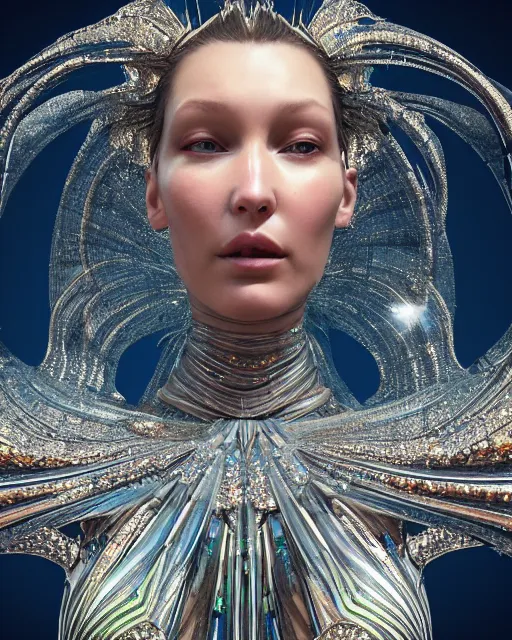 Image similar to a highly detailed metahuman 4 k close up render of an alien goddess bella hadid monument crying in iris van herpen dress schiaparelli in diamonds crystals swarovski and jewelry iridescent in style of alphonse mucha gustav klimt trending on artstation made in unreal engine 4