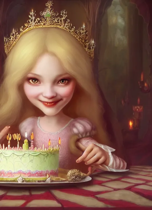 Prompt: highly detailed closeup portrait of a grinning fairytale medieval princess eating birthday cake, unreal engine, nicoletta ceccoli, mark ryden, lostfish, earl norem, global illumination, god rays, detailed and intricate environment