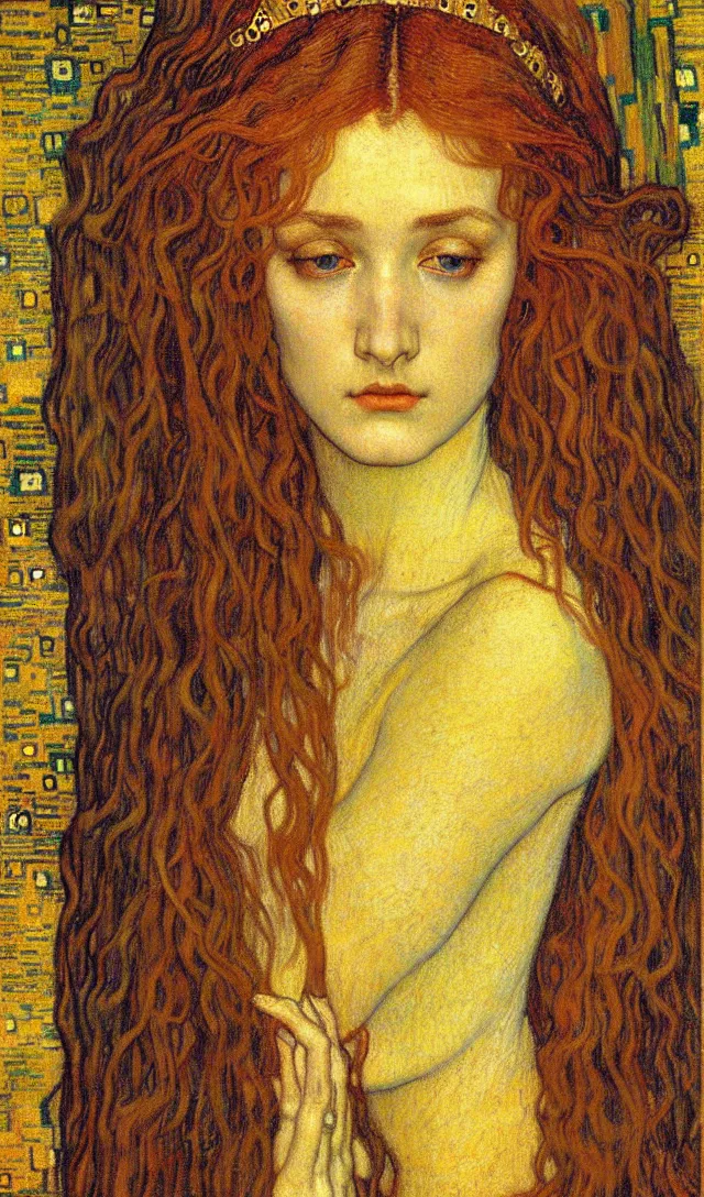 Image similar to detailed realistic beautiful young medieval queen face portrait by jean delville, gustav klimt and vincent van gogh, art nouveau, symbolist, visionary, gothic, pre - raphaelite, muted earthy colors, desaturated