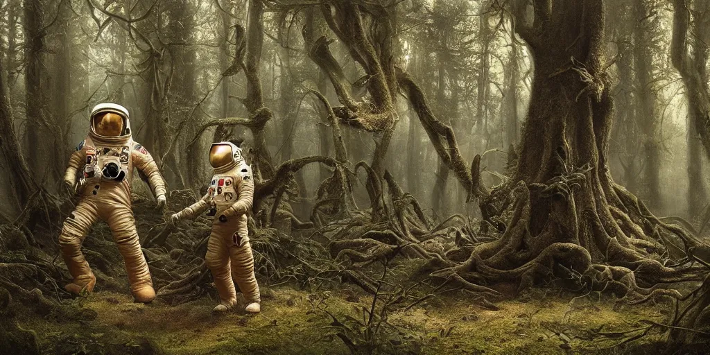 Image similar to an astronaut next to a strange furry six legged creature in a forest, a detailed matte painting by frieke janssens, featured on cgsociety, fantasy art, matte painting, reimagined by industrial light and magic, matte drawing