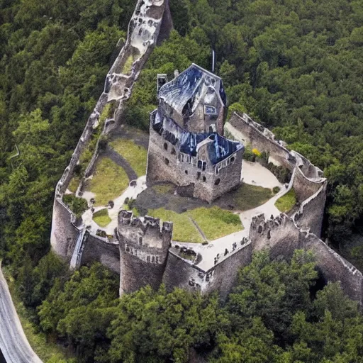 Image similar to aerial view of a punisher fortress from above on a hill by the ocean. castle tower is shaped exactly like the punisher symbol detailed