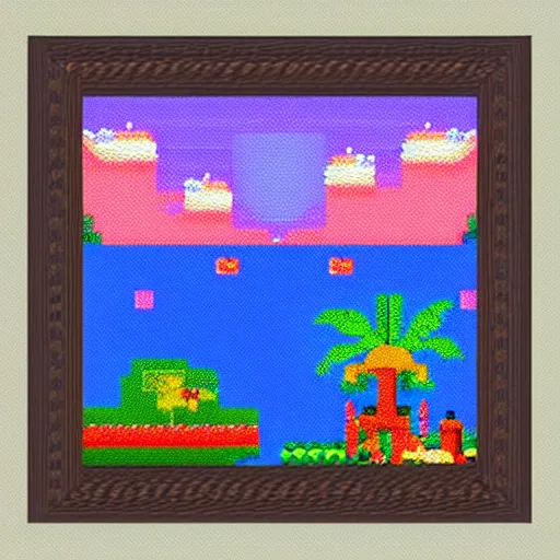 Image similar to a framed painting of a beautiful pixel art tropical landscape