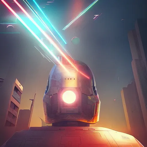 Prompt: giant robot head shooting lasers from his eyes, destroyed city, futuristic, by beeple, digital art