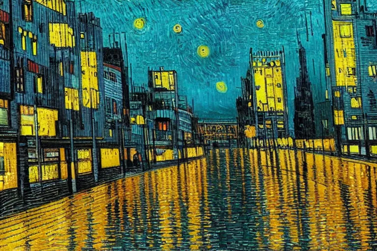 Prompt: cyberpunk city in the style of vincent van gogh