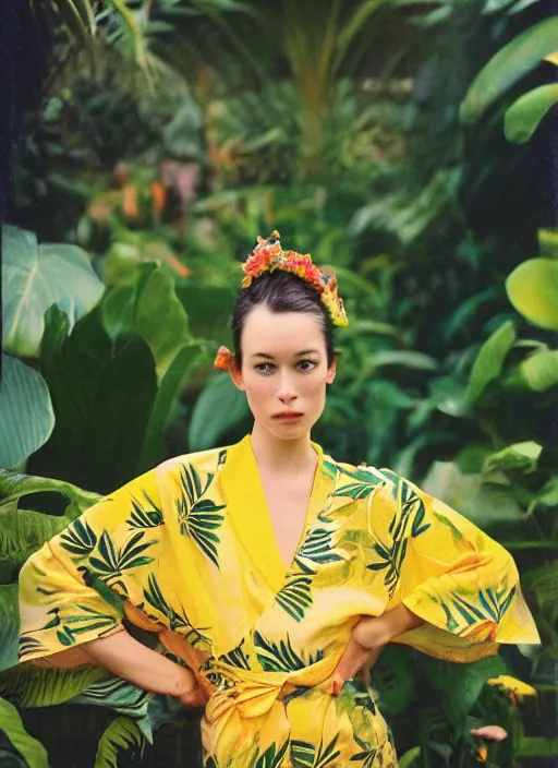 Image similar to grainy head to shoulder portrait Polaroid film photograph of an elegant top model wearing a yellow kimono in a tropical greenhouse. looking at the camera!!. super resolution. Extremely detailed. Polaroid 600 film. art by Rineke Dijkstraand Annie Leibovitz.