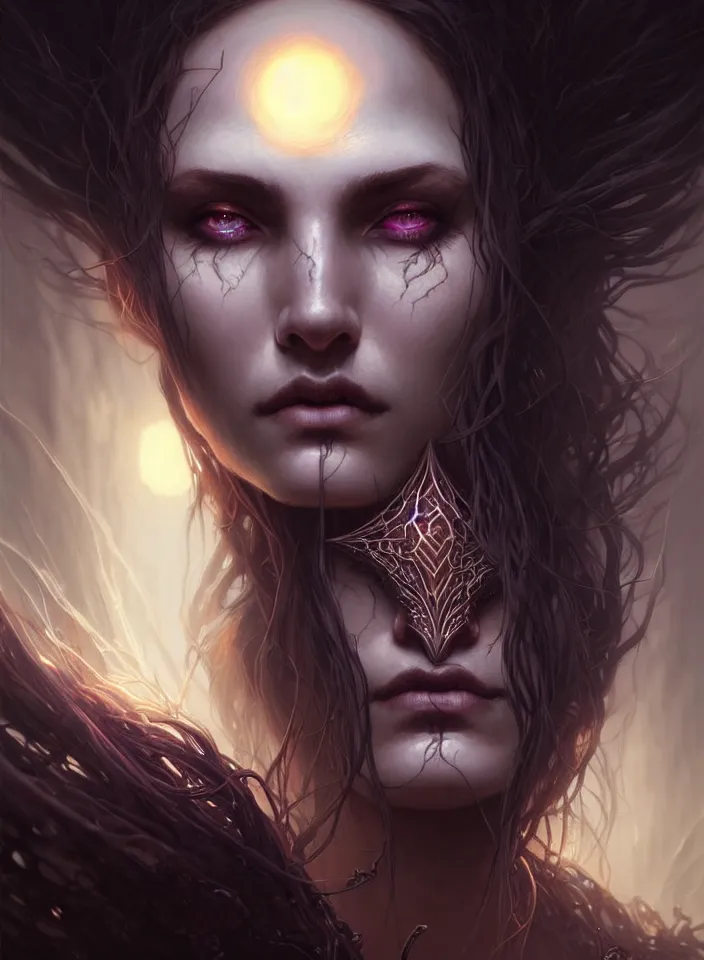 Image similar to Necromancer Sorceress face close-up macro in center, fantasy magic, undercut hairstyle, dark light night, intricate, elegant, sharp focus, illustration, highly detailed, digital painting, concept art, matte, art by WLOP and Artgerm and Greg Rutkowski and Alphonse Mucha, masterpiece