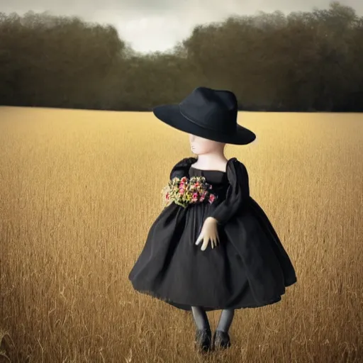 Image similar to a girl standing in a field, alone, wearing black dress and hat, doll in hand, detailed hands, by andrea kowch, dark, scene, magic realism, flowers, perspective