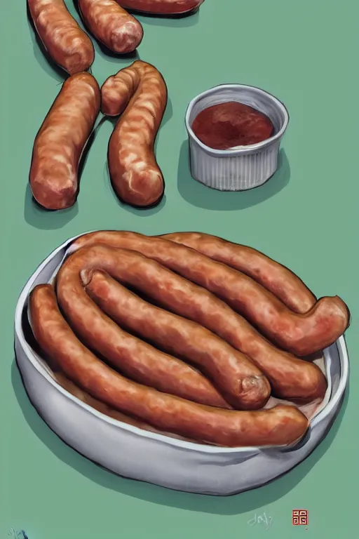 Image similar to sausage, realistic, art by jacqueline e, color by tafy laplanche, background by bo feng lin