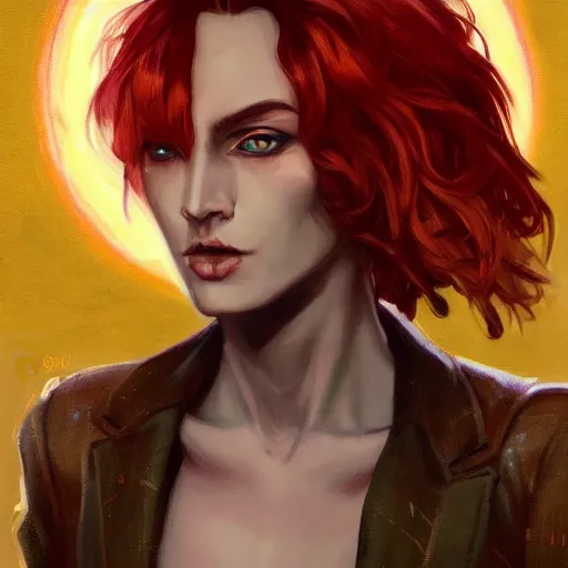 Image similar to dnd character portrait of a beautiful and androgynous half - elf with messy short red hair and catlike features and dark skin and yellow eyes with slit pupils, glowing, golden hour, wearing a colorful men's suit, realistic painting by ross tran and gerald brom and alphonse mucha, trending on artstation