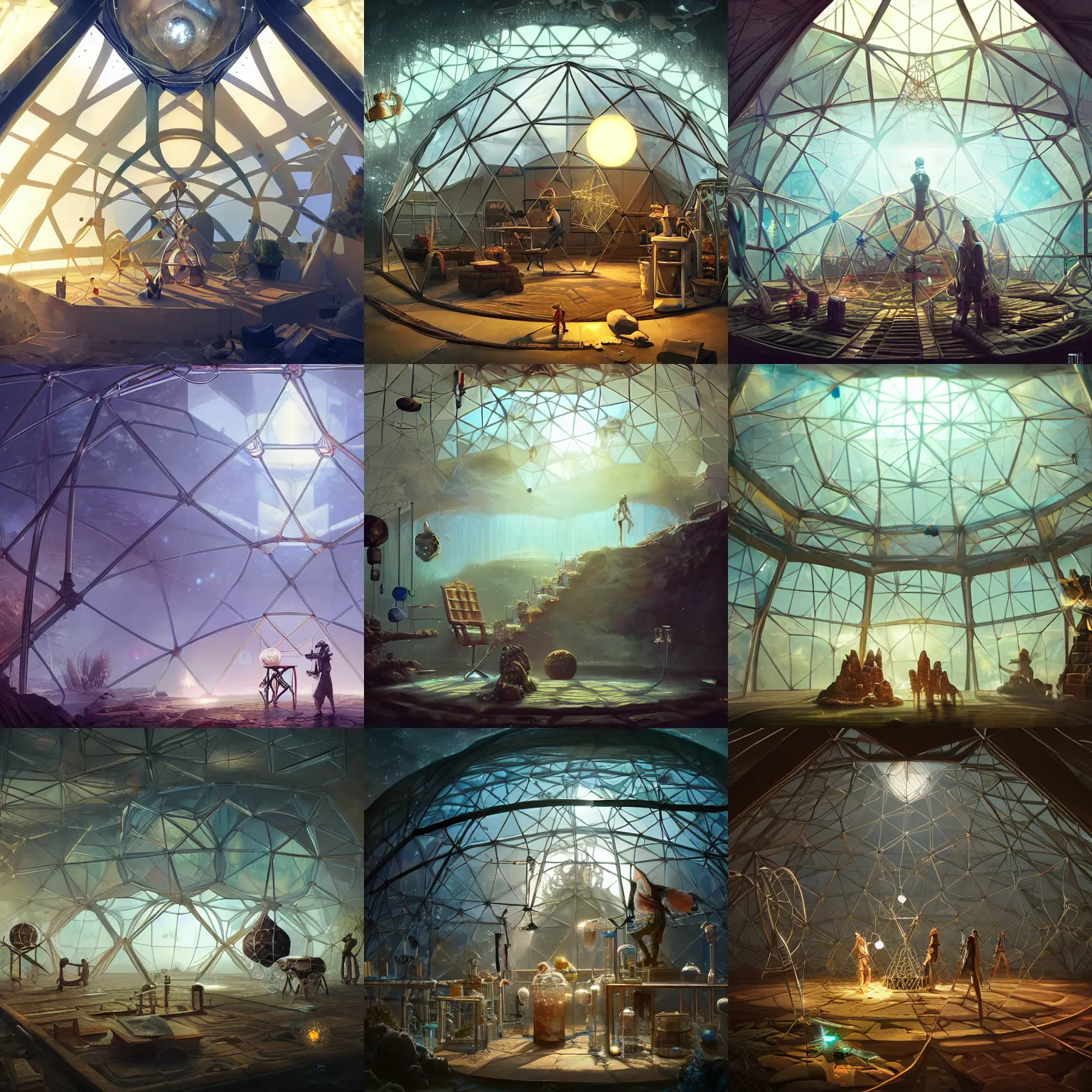 Prompt: beautiful laboratory in a geodesic dome, hanging test tubes, graduated cylinders, crystals, light dust, by peter mohrbacher dan mumford craig mullins nekro, cgsociety, pixiv, volumetric light, 3 d render