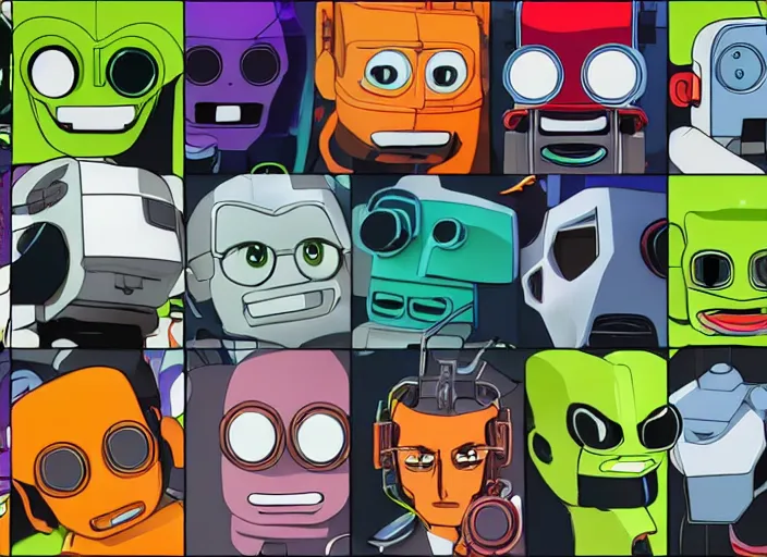 Image similar to 3 rows of 3 framed closeup colorful 3 d - rendered cg face portraits of cute evil robots in the style of osamu tezuka, with a futuristic mechanical background.