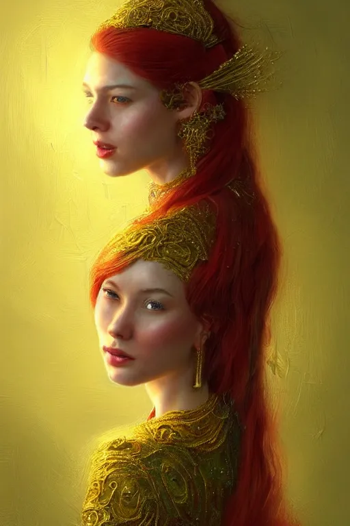 Prompt: Highly detailed painting of a beautiful young woman with long red hair by Craig Mullins and Ross Tran, subtle smile, wearing a fancy dress, Golden fabric Background, Golden thread, intricate patterns, Emerald Earrings, ambient lighting, Trending on artstation, pinterest, cgsociety, 4k, 8k, HDR, award winning, unreal engine