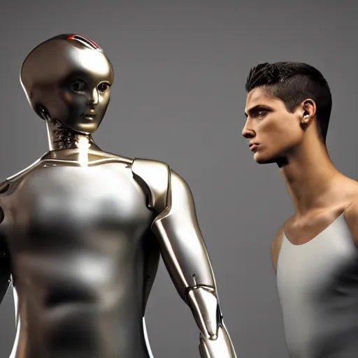 Image similar to a realistic detailed photo of a guy who is an attractive humanoid who is half robot and half humanoid, who is a male android, attractive and handsome soccer players, shiny skin, posing like a statue, blank stare, in a factory, on display, showing off his muscles, gold soccer shorts, side view, looking at each other mindlessly