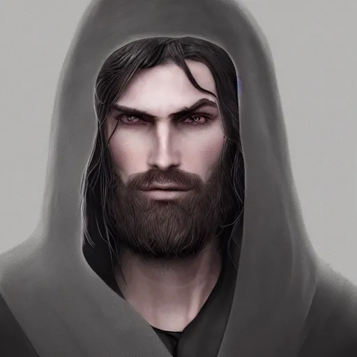 Image similar to a highly detailed portrait of a man without a beard, purple eyes, light gray long hair, wearing a black cloak, artstation, DeviantArt, professional, octane render