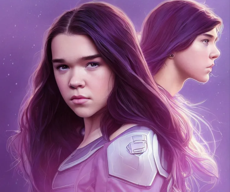 Prompt: Hailee Steinfeld and Florence Pugh, Kate Bishop, Yelena Belova, Marvel, Hawkeye, Black Widow, blush, intricate, face, elegant, purple mist, highly detailed, digital painting, artstation, concept art, matte, sharp focus, illustration, art by Artgerm and Greg Rutkowski and Alphonse Mucha