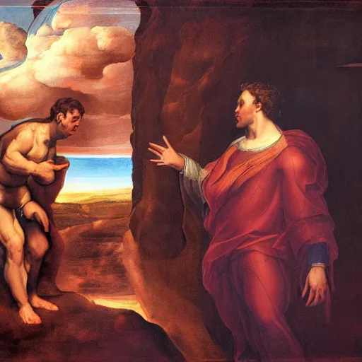Prompt: a portrait painting of elon musk meeting god, by michael angelo