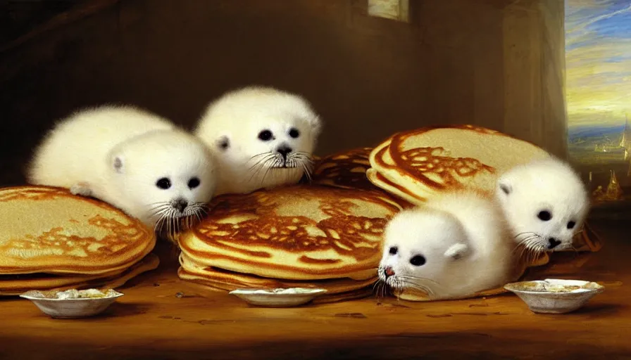 Image similar to highly detailed painting of cute furry white baby seals in a pile of jam pancakes on a table by william turner, by greg rutkowski, by william constable, thick brush strokes and visible paint layers, 4 k resolution