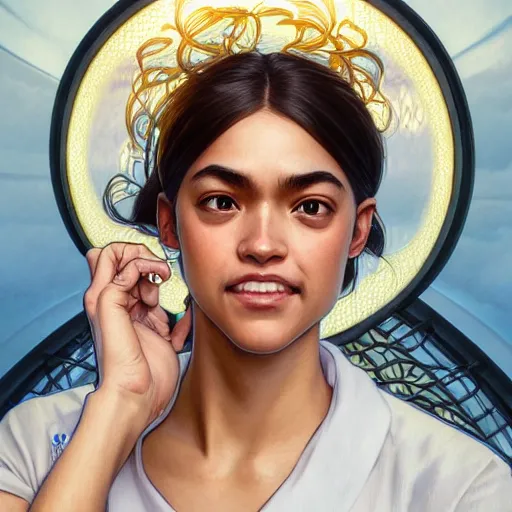 Image similar to ultra realistic illustration, alexandria ocasio - cortez as happy anime girl, intricate, elegant, highly detailed, digital painting, artstation, concept art, smooth, sharp focus, illustration, art by artgerm and greg rutkowski and alphonse mucha