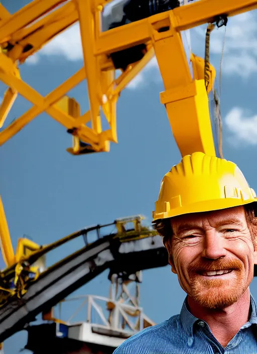 Image similar to closeup portrait of cheerful bryan cranston operating a crane, sitting in a crane, yellow hardhat, sitting in a crane, natural light, bloom, detailed face, magazine, press, photo, steve mccurry, david lazar, canon, nikon, focus