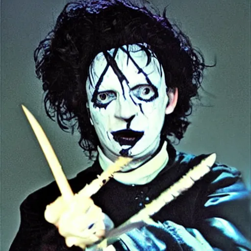 Image similar to Edward Scissor hands cast as Freddy Krueger, knives-for-fingers, knife-glove, burnt-face cover-art-poster-photograph-only