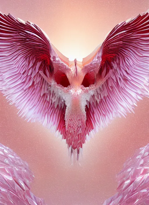 Image similar to white phoenix orange pink salt crystals sharp detail 3d render simple background sharp contrast feathers graphic design fai khadra gaika style