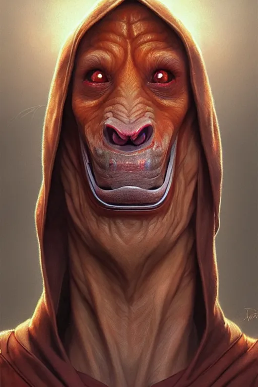 Prompt: vladimir putin as jar jar binks from star wars, realistic portrait, symmetrical, highly detailed, digital painting, artstation, concept art, smooth, sharp focus, illustration, cinematic lighting, art by artgerm and greg rutkowski and alphonse mucha