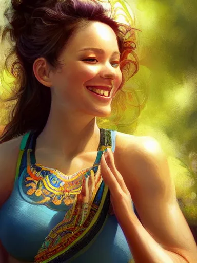 Image similar to a beautiful happy wearing yoga pans at the park. smiling popular girl. intricate, elegant, highly detailed, digital painting, artstation, cinematic shot, concept art, sharp focus, illustration, by justin gerard and artgerm 8 k