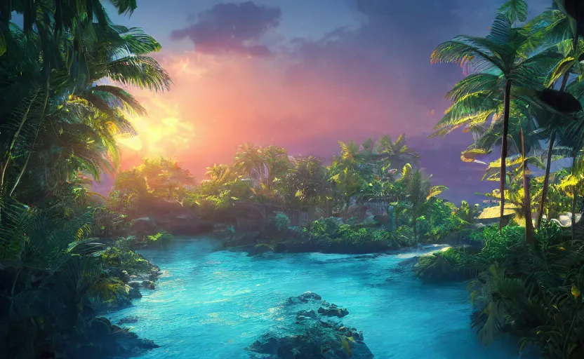 Prompt: a tropical resort in a jungle paradise, with a beautiful red and blue sunset, dynamic lighting, photorealistic fantasy concept art, trending on art station, stunning visuals, creative, cinematic, ultra detailed, ray tracing, sun rays