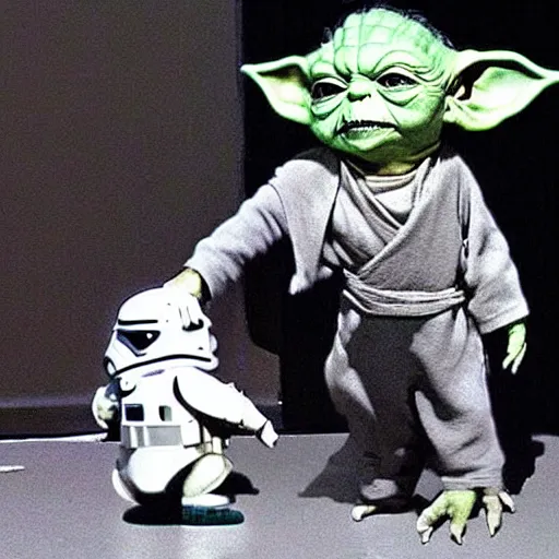 Image similar to “Old Yoda saving baby Yoda from Stormtrooper laser attack”