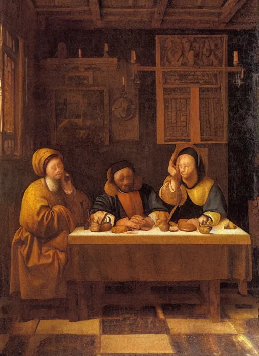 Image similar to a candlelit table at the inn, two people sitting at the table, swirling smoke, dark smoke, realistic, in the style of leonardo da vinci, dutch golden age, amsterdam, medieval painting by jan van eyck, johannes vermeer, florence