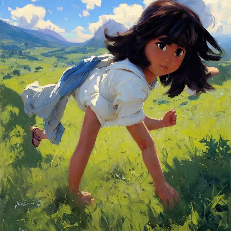 Image similar to Greg Manchess painting of dora the explorer, countryside, fantasy character portrait, dynamic pose, above view, sunny day, thunder clouds in the sky, artwork by Jeremy Lipkin and Giuseppe Dangelico Pino and Michael Garmash and Rob Rey, very coherent asymmetrical artwork, sharp edges, perfect face, simple form, wacky, 100mm