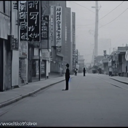 Image similar to 1950s Korean thriller film noir, a view of Shin Sang-ok in the middle of an empty scene, 35mm film, Cooke Varotal 20-100 T3.1