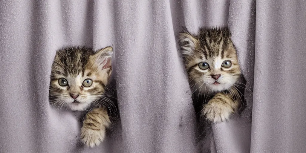 Image similar to shower curtain product catalog. wide - angle photo. on the curtain is a low - angle hero - shot watercolor of promotional still of a fluffy wet tabby kitten wrapped in a towel. the water color has ink under drawing. highly coherent, product photography of a shower curtain, product lighting. 4 k, highly detailed. saturated.