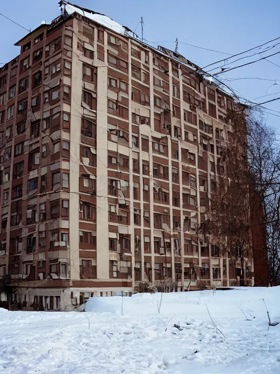 Prompt: low - cost soviet panel apartment building photo, extreme wide shot