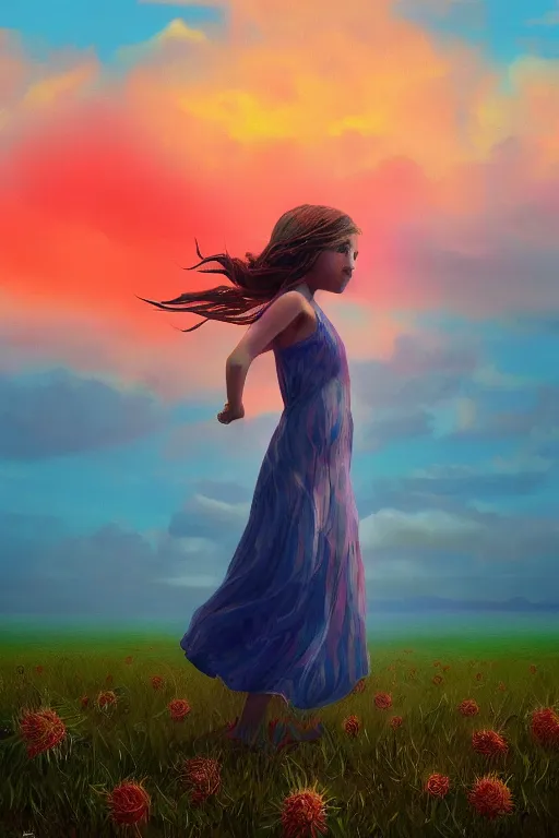 Image similar to closeup huge dahlia flower head, girl with dress on beach, surreal photography, blue sky, sunrise, dramatic light, impressionist painting, digital painting, artstation, simon stalenhag