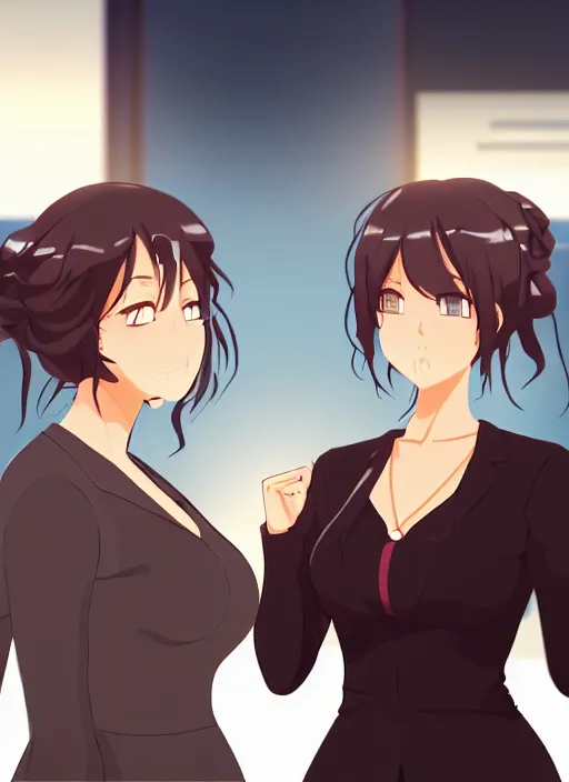 Image similar to two beautiful mothers face to face taunting each other, office clothes, gorgeous faces, smooth, cinematic lighting, detailed anime art