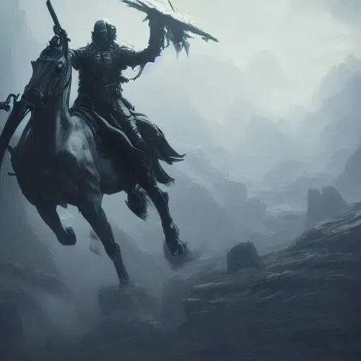 Image similar to futuristic matte concept art of the horseman of war by gustave dore and greg rutkowski and wlop, artstation, 4 k, intricate, rule of thirds