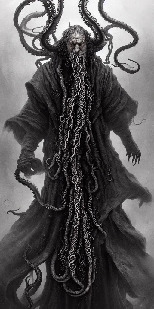 Prompt: a wizard that is slowly transforming into thick tentacles, matte oil painting, by rembrandt, monstrosity, concept art, d & d, blue, robes, fantasy, fog, sharp focus, eldritch, award - winning, extremely detailed, 4 k, 8 k