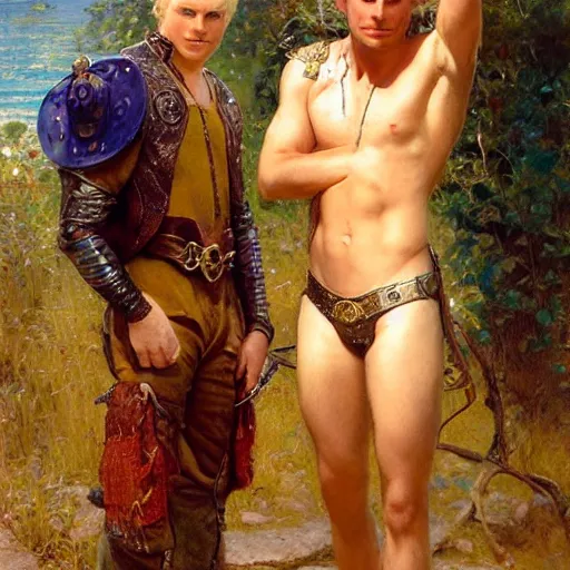 Image similar to attractive male, arthur pendragon who has blond hair confesses his love to attractive male, merlin who has dark hair. highly detailed painting by gaston bussiere, craig mullins, j. c. leyendecker 8 k