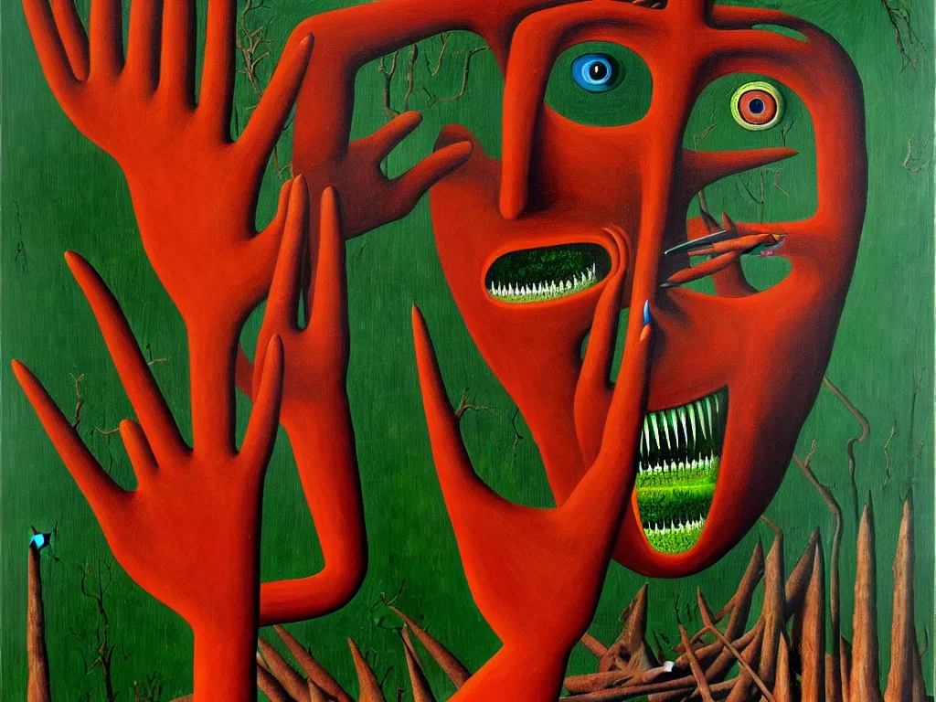 Prompt: a painting of a human with a hand face with a centered eye, mouth with sharp teeth centered on the neck, legs that melt into a forest, forest background, highly detailed, 4 k, art by max ernst