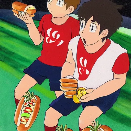 Image similar to a painting portrait of arsenal players eating hot dogs, studio ghibli,