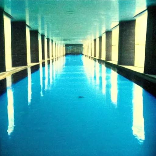 Prompt: Beautiful colored-photo cameraphone 2005 soft liminal Photograph of an infinite dark hallway pool