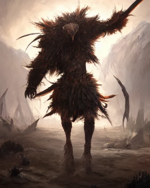 Image similar to oil painting of Angry Anthropomorphized Ostrich Berserker, wearing fur armor, claws, sharp focus, attack pose, fantasy style, octane render, volumetric lighting, 8k high definition, by greg rutkowski, highly detailed, trending on art Station, magic the gathering artwork, burning Battlefield background, centered