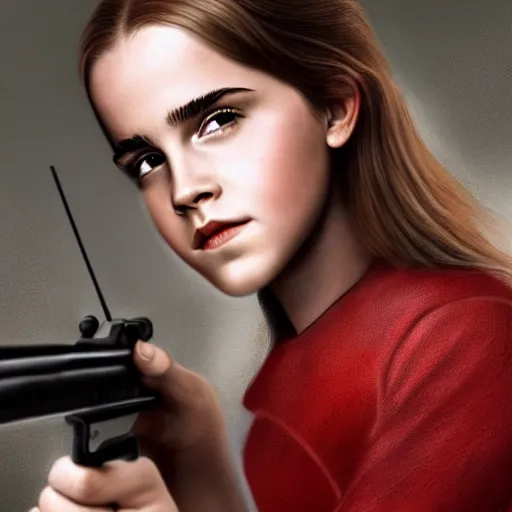 Image similar to a stunning portrait painting of young Emma Watson, holding a rifle, extremely detailed, 4K