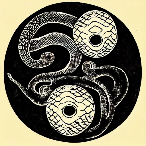 Prompt: an ink drawing of eerie comedy and tragedy theater masks circled by a snake, cracked, elaborate detail, shape of a circle, circular shape
